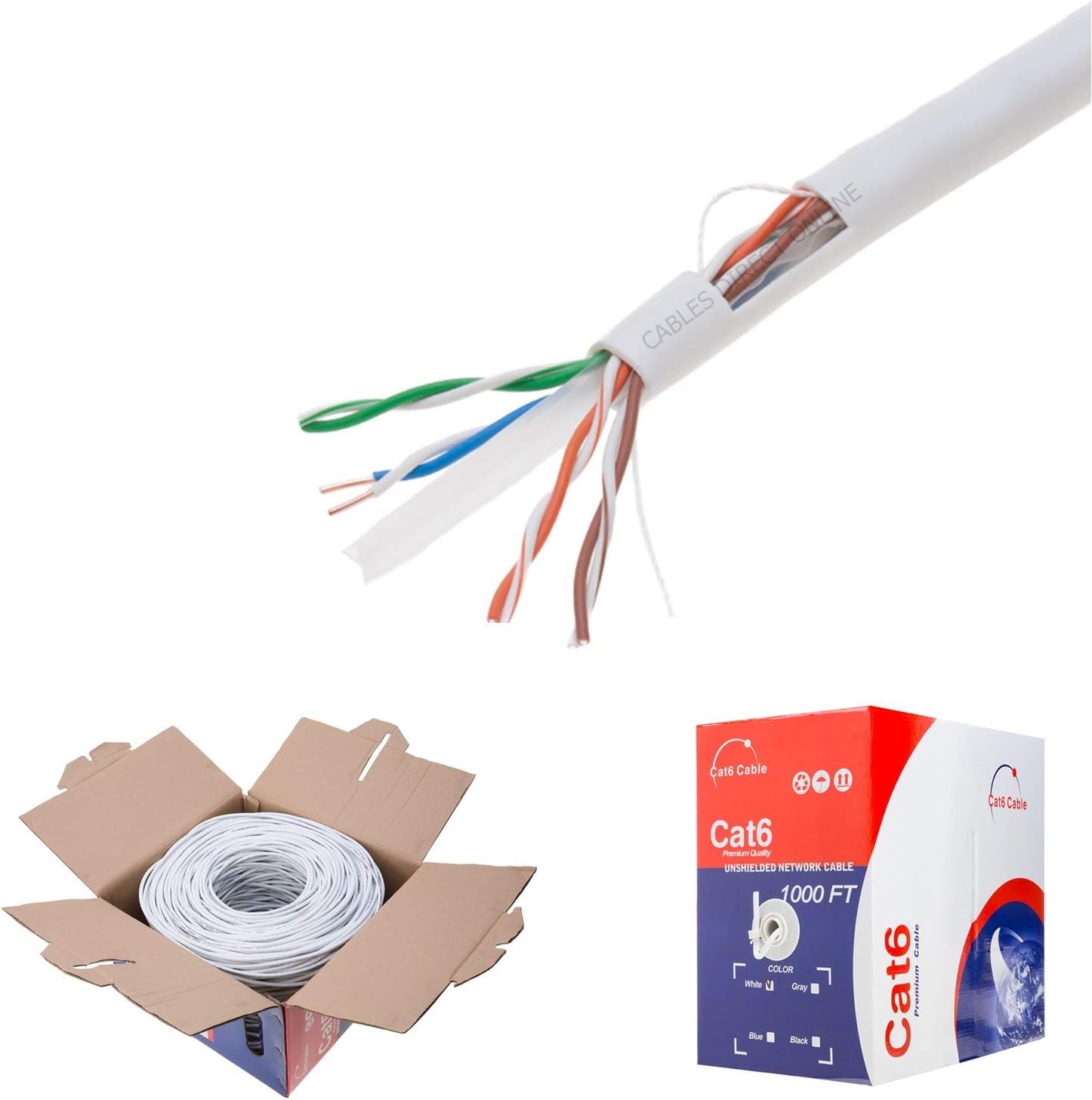CAT6 1000ft UTP White Ethernet Solid Cable 23AWG Bulk P227
