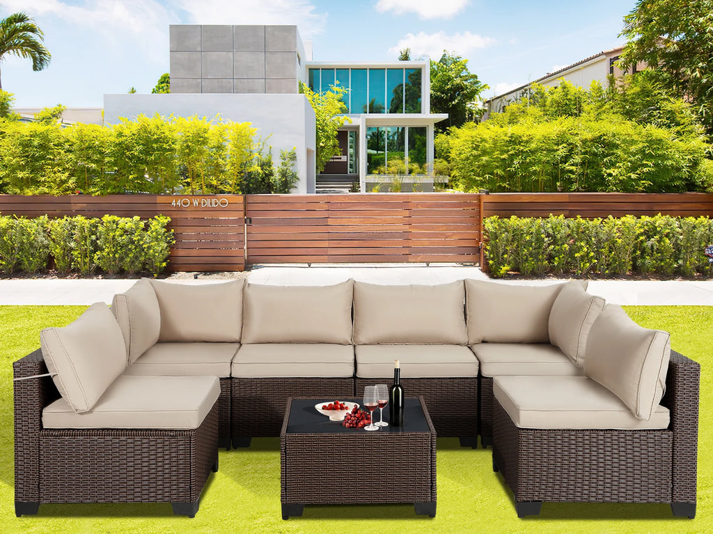 7 Pieces Patio Furniture Sets Outdoor Sectional Patio Sofa with Cushion Glass Table, Beige Z241129