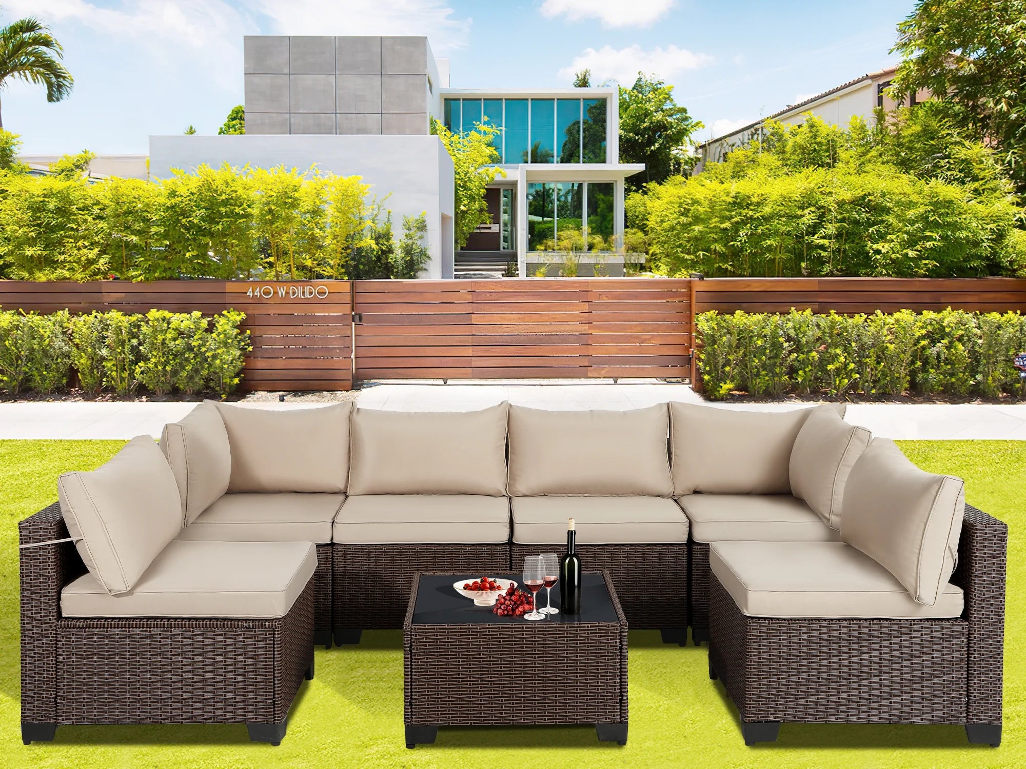 7 Pieces Patio Furniture Sets Outdoor Sectional Patio Sofa with Cushion Glass Table, Beige Z241129