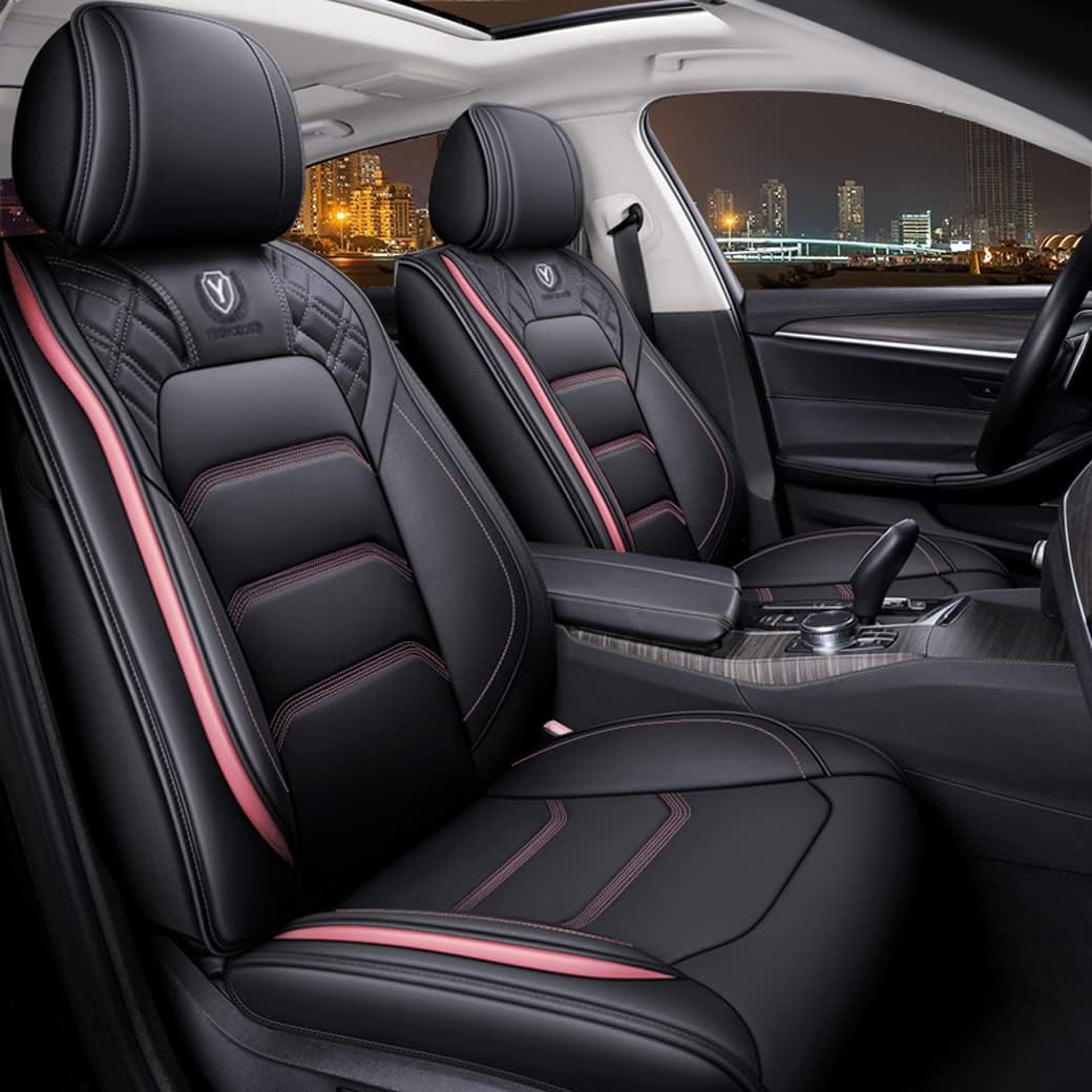 Leather Auto Car Seat Covers 5 Seats Full Set (BK - Pink) Q514187