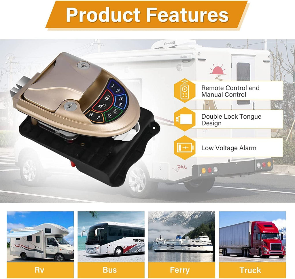 Waterproof Keyless RV Door Lock with Backlit Keypad and 2 Fobs and Key for 2.75 x 3.75 Lock Hole S4520