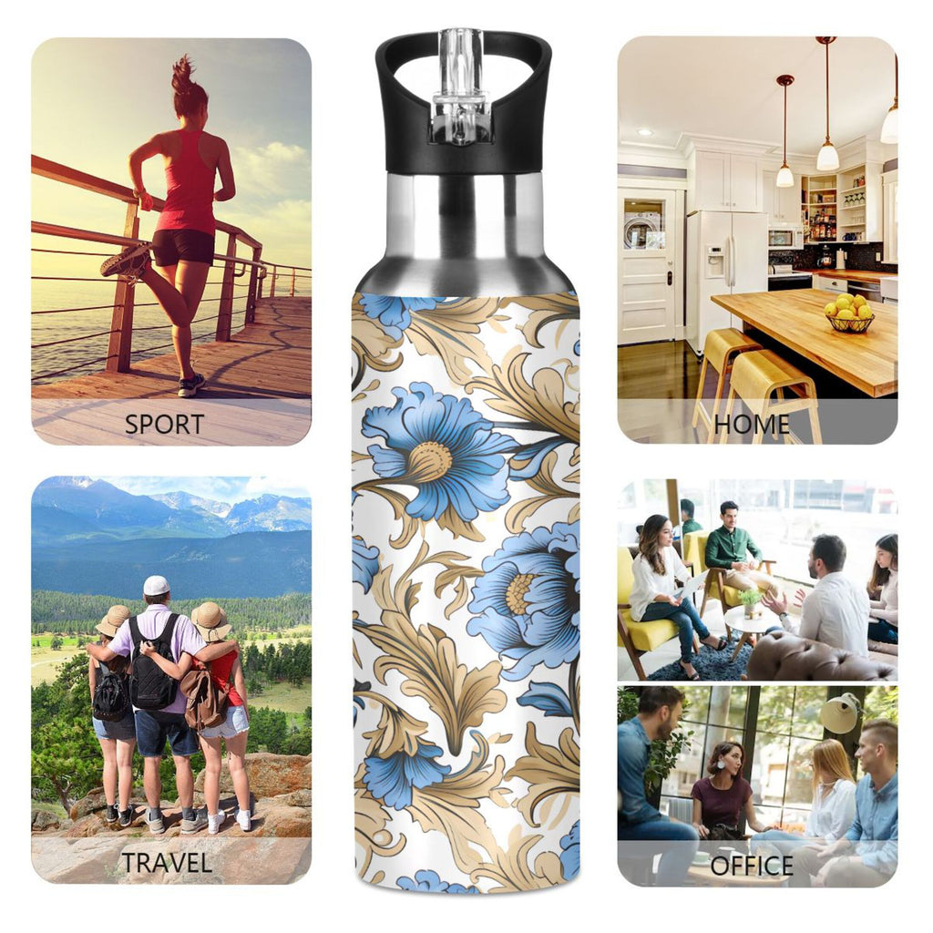 Blue Flowers Gold Leaves Stainless Steel Insulated Water Bottle V2687