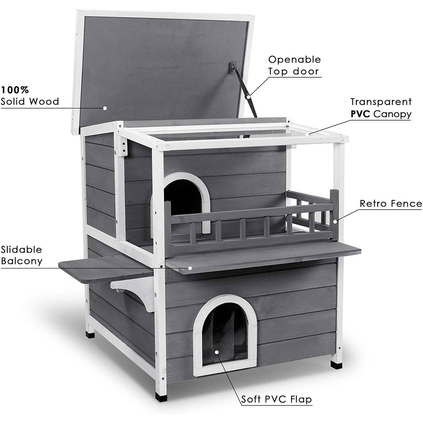 2-Story Weatherproof Wooden Cat Shelter House with Transparent PVC Canopy O698236