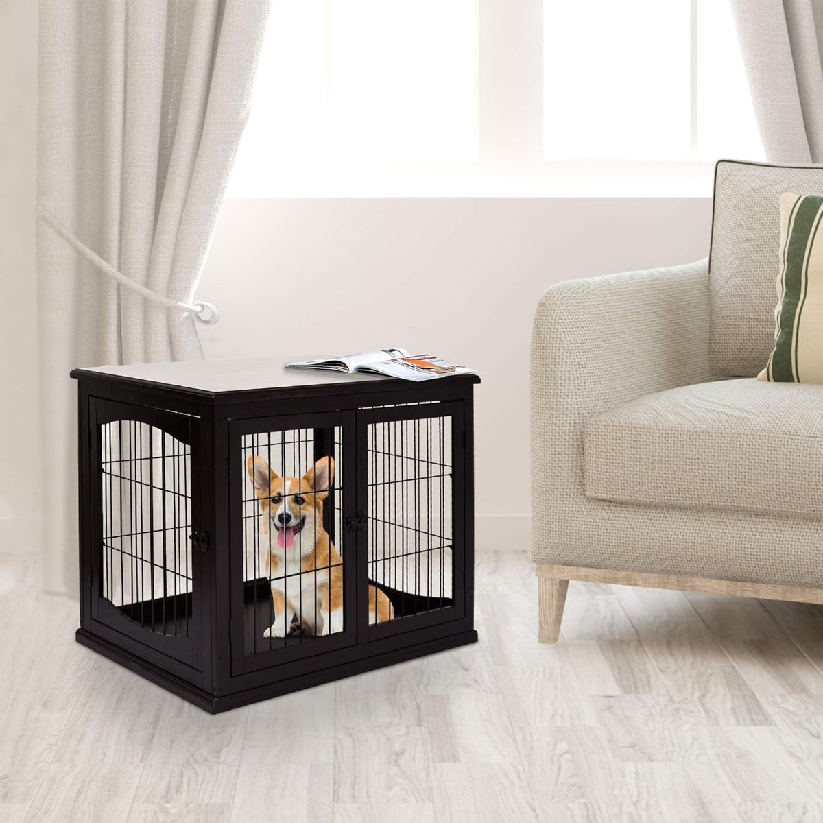 26'' Wooden Dog Cage Pet Crate Kennel with Double Door, Dark Brown U4228