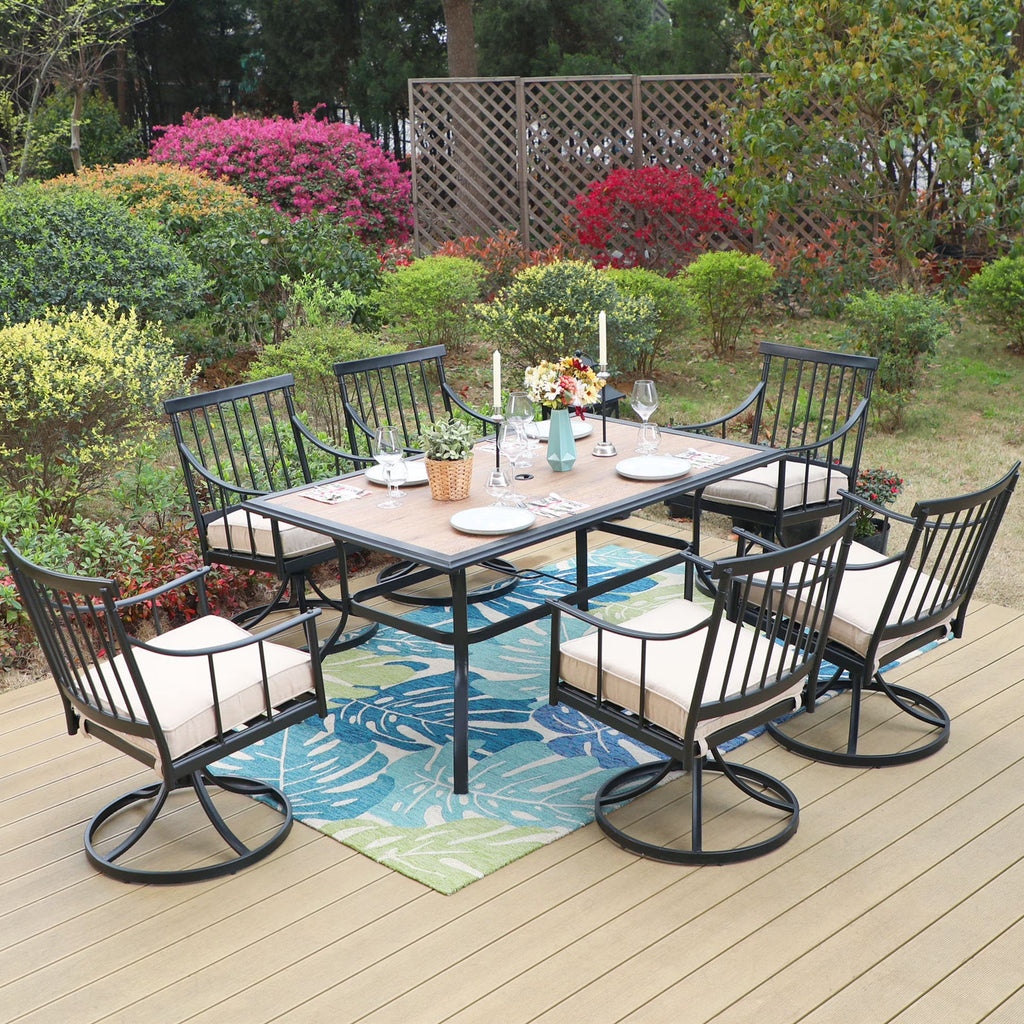 7-Piece Outdoor Dining Set with Faux Wood Table and Swivel Cushioned Chairs J16854