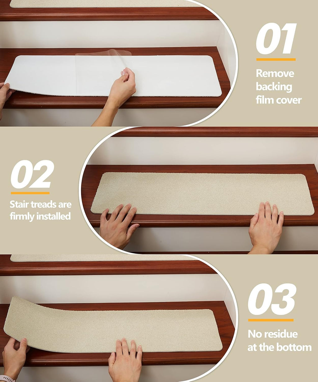 14 Pcs Beige Non Slip Stair Treads with TPE Backing D38543