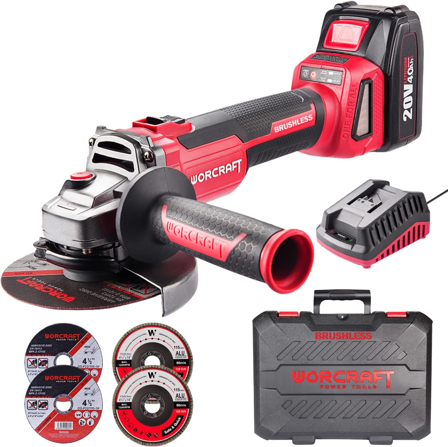 Cordless Angle Grinder with 4-1/2" Disc, Two Speed, 20V 4.0Ah Li-ion Battery, Toolbox, Charger and 4 Discs Y748225