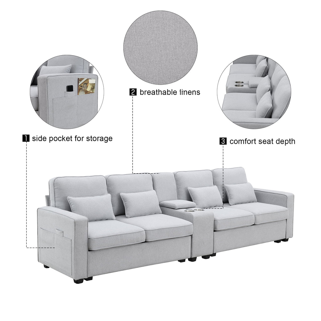 Upholstered Sofa with Console, 2 Cupholders and 2 USB Ports, Linen Fabric, 4-Seat O5598