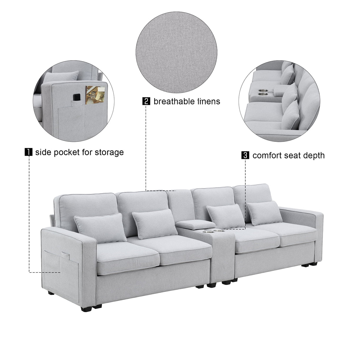Upholstered Sofa with Console, 2 Cupholders and 2 USB Ports, Linen Fabric, 4-Seat O5598