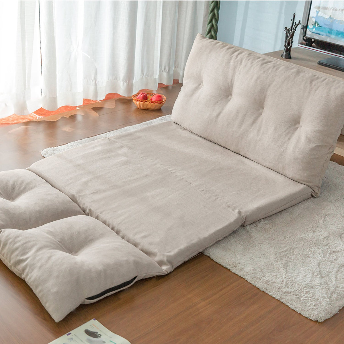 Beige Fabric Folding Chaise Sofa Floor Couch N599121