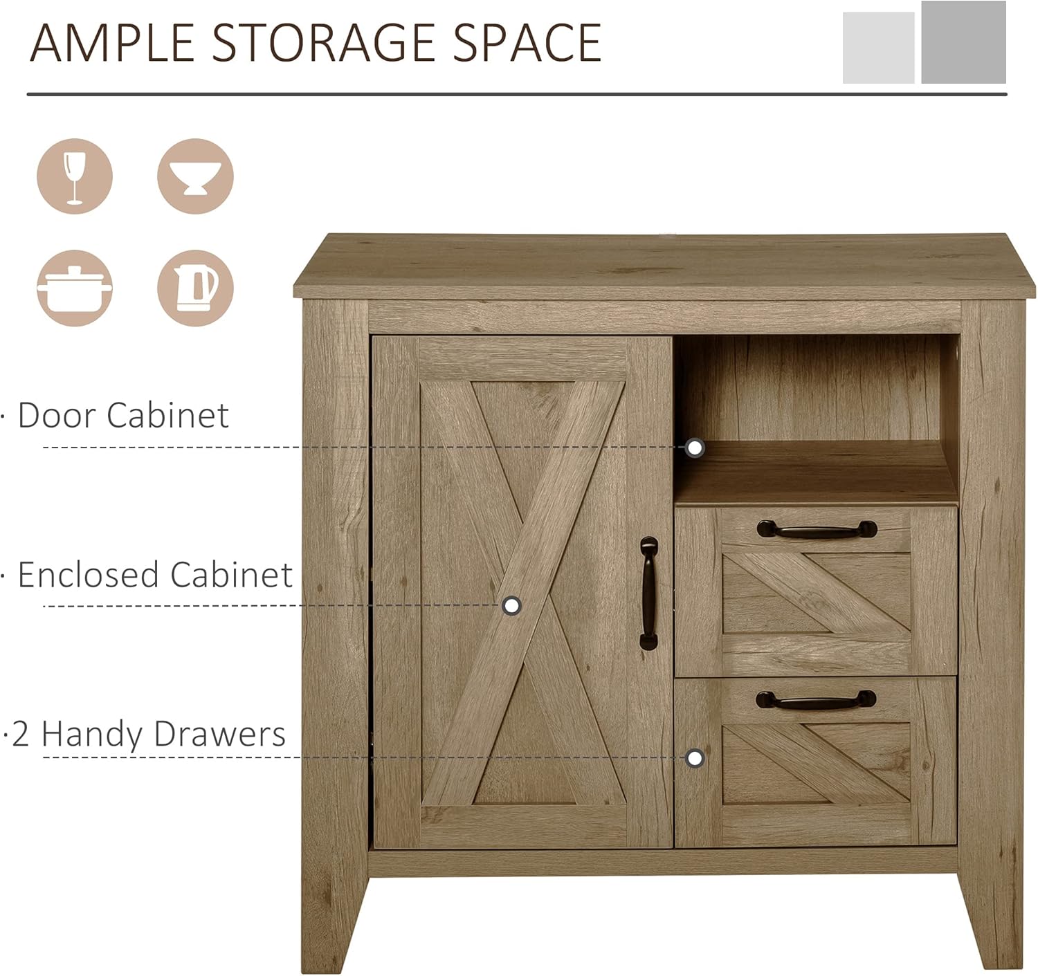 Oak Finish Sideboard with Cabinet, 2 Drawers and Open Shelf E143