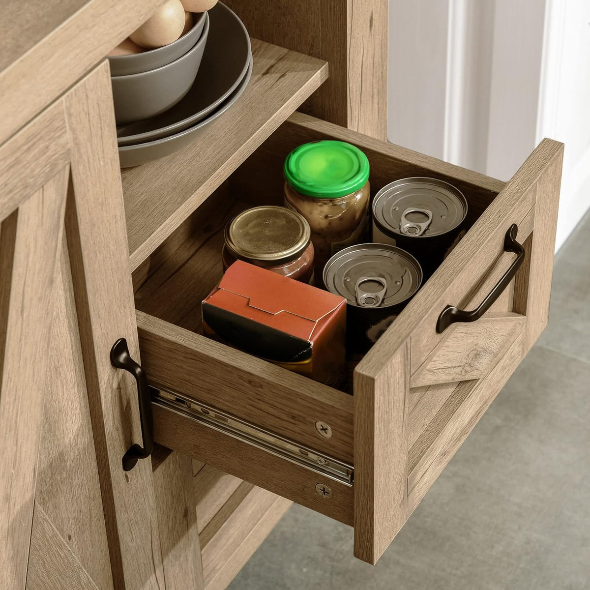 Oak Finish Sideboard with Cabinet, 2 Drawers and Open Shelf E143