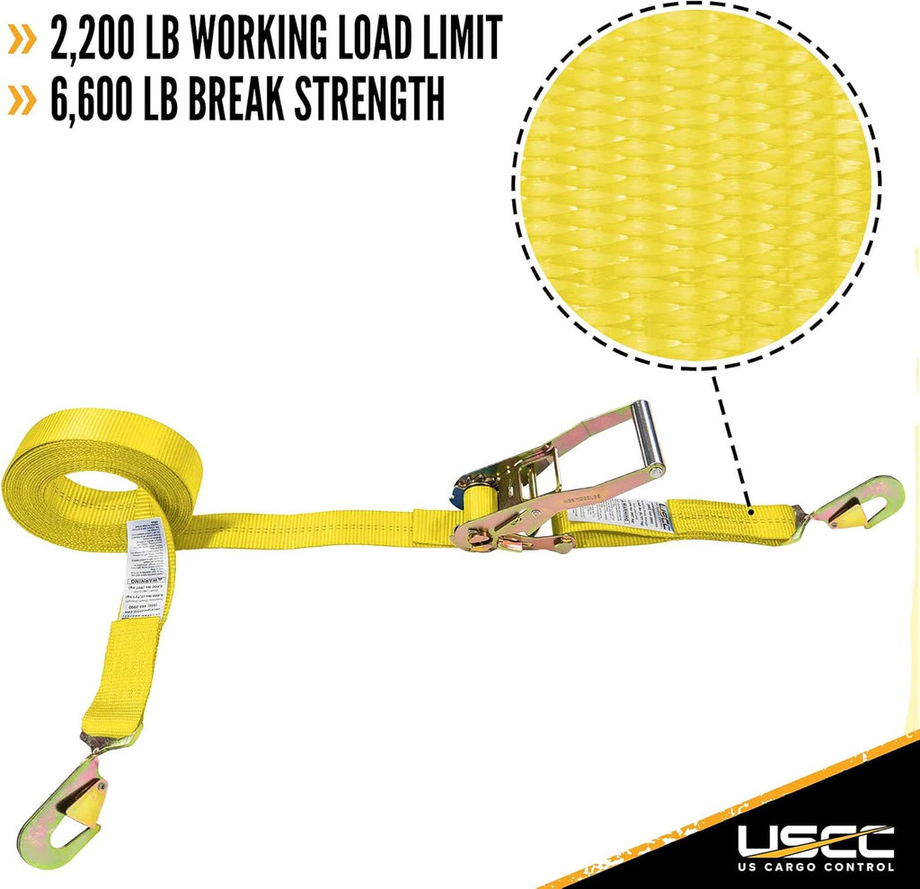 2 Inch x 20 Foot Yellow Ratchet Straps with Snap Hook - 2 Pack T1782