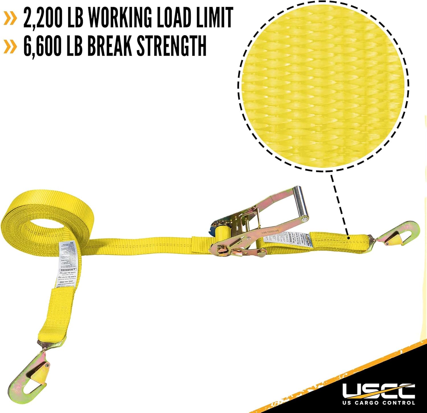 2 Inch x 20 Foot Yellow Ratchet Straps with Snap Hook - 2 Pack T1782