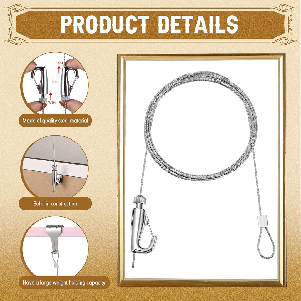 18 Pcs Picture Rail Hanging Kit with Stainless Steel Cable Loop Cord and Adjustable Photo Hooks S95249