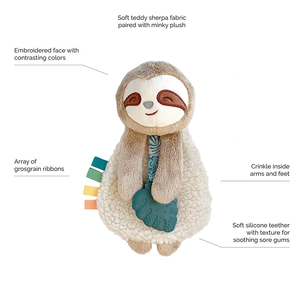 Sloth Lovey with Teether, Ribbons, Crinkle Sound, Sherpa Fabric, Minky Plush C415