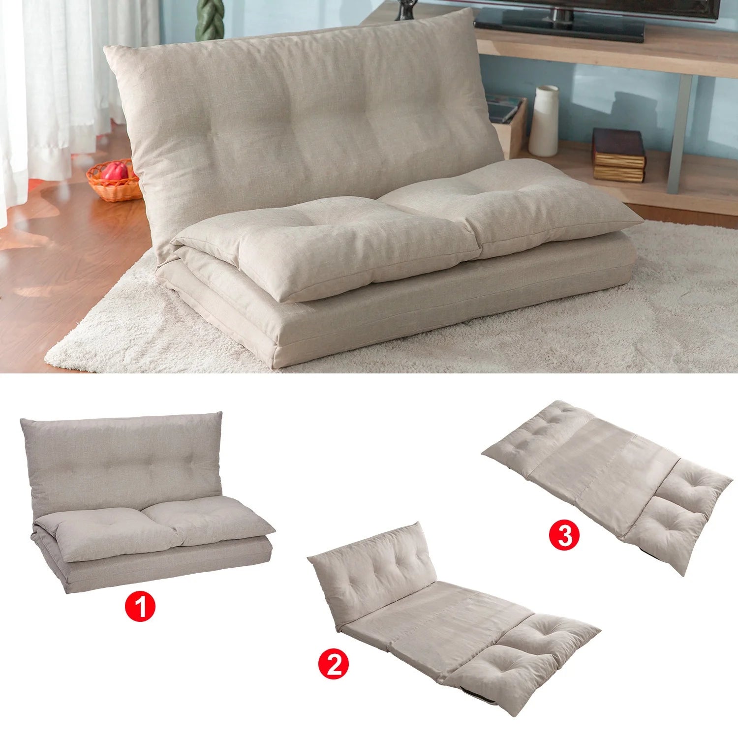 Beige Fabric Folding Chaise Sofa Floor Couch N599121
