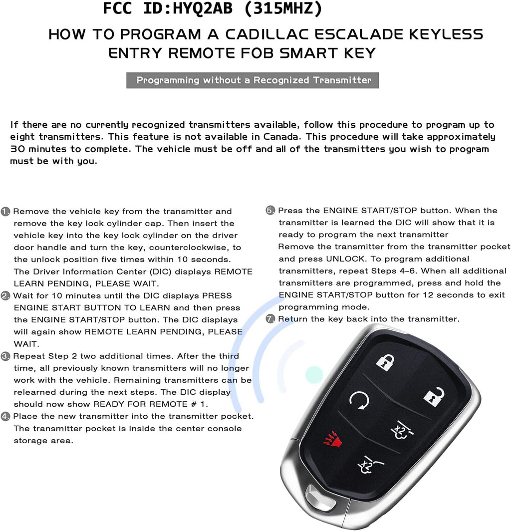 Replacement 6 Buttons Proximity Smart Keyless Entry Remote Fob for Cadillac Escalade and Escalade ESV 2015-2020 315Mhz FCC: HYQ2AB 1 Piece Pack of 2 R286278