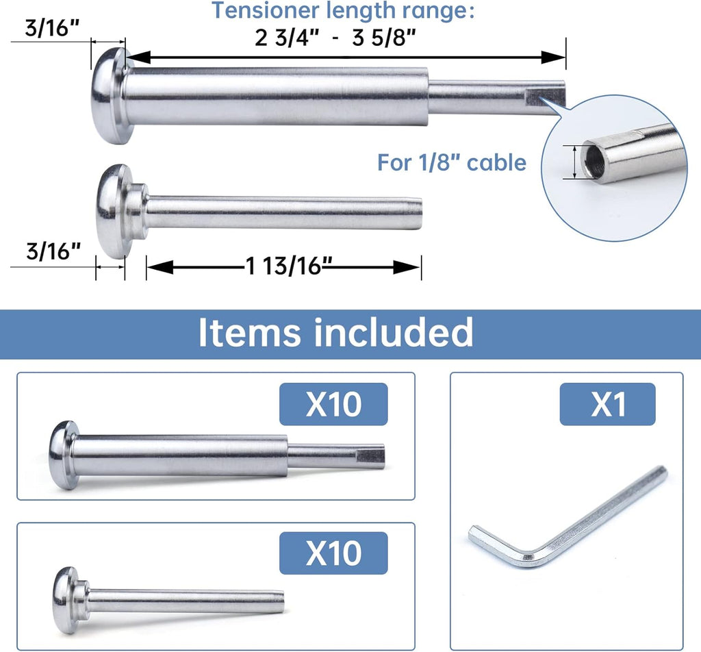 10Pair Cable Railing Kit Invisible 1/8 Swage Tensioner T316 Stainless Steel E95008