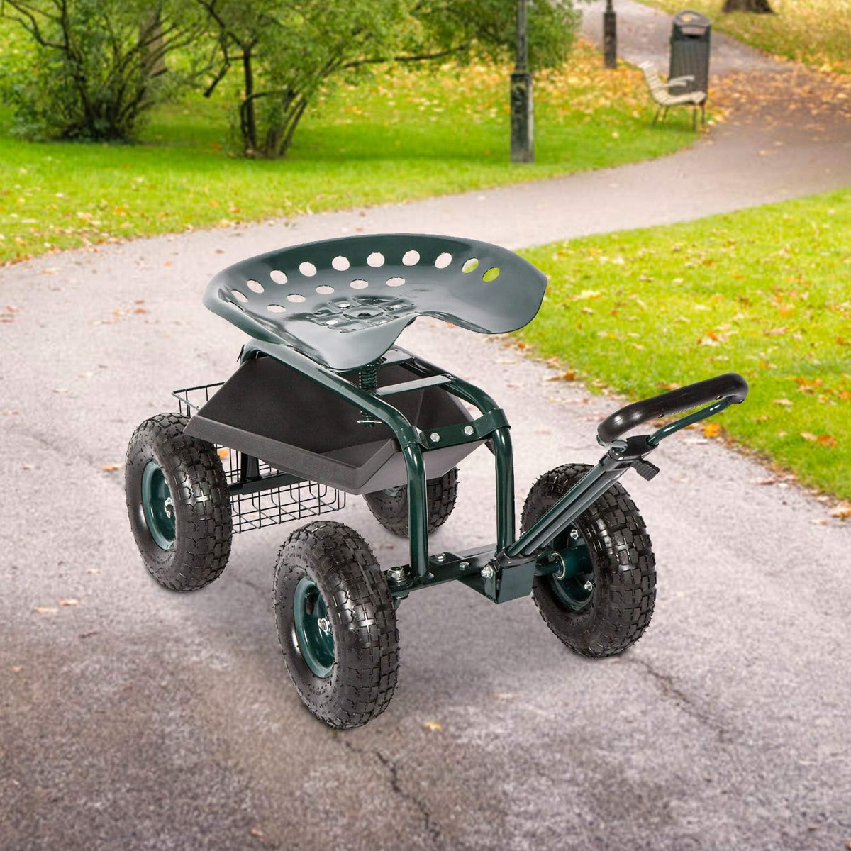 Green Rolling Garden Scooter with Wheels and Tool Tray Y4234