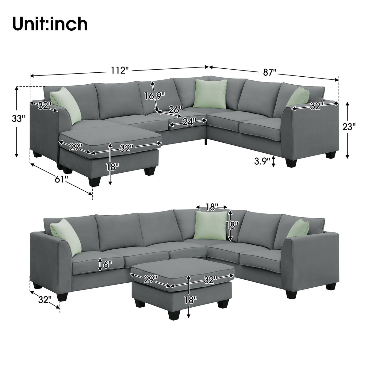 Grey Modular Sectional Sofa with Ottoman V9093