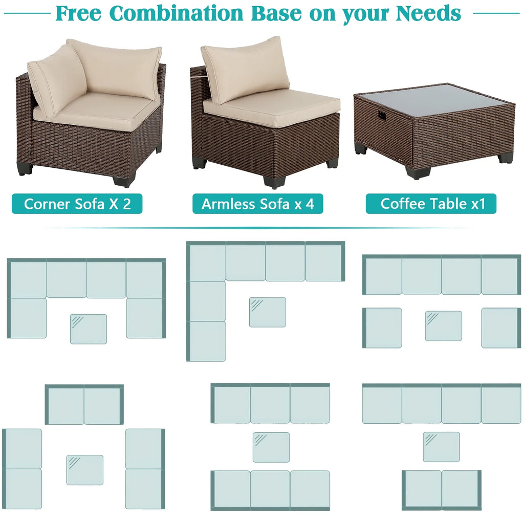 7 Pieces Patio Furniture Sets Outdoor Sectional Patio Sofa with Cushion Glass Table, Beige Z241129