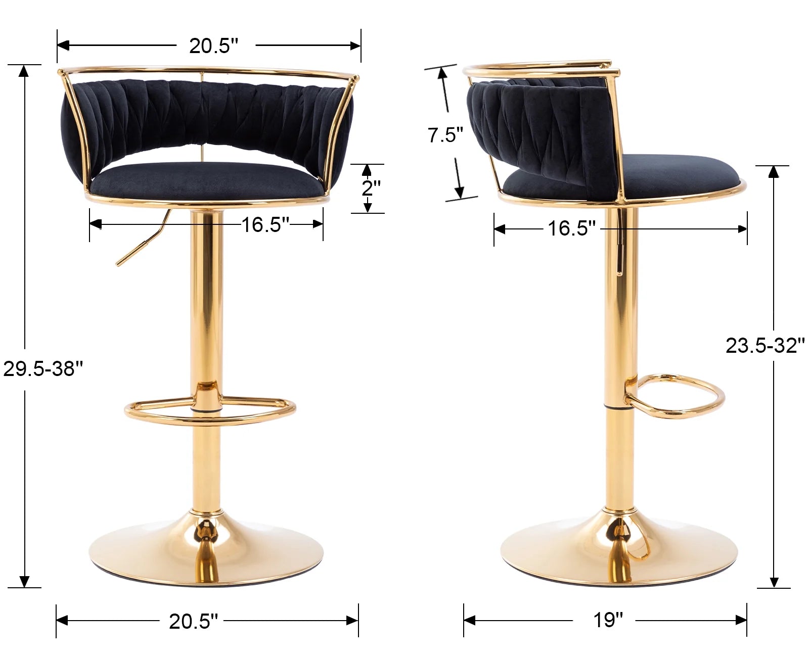 Black Velvet Adjustable Swivel Bar Stools Set of 2 S686