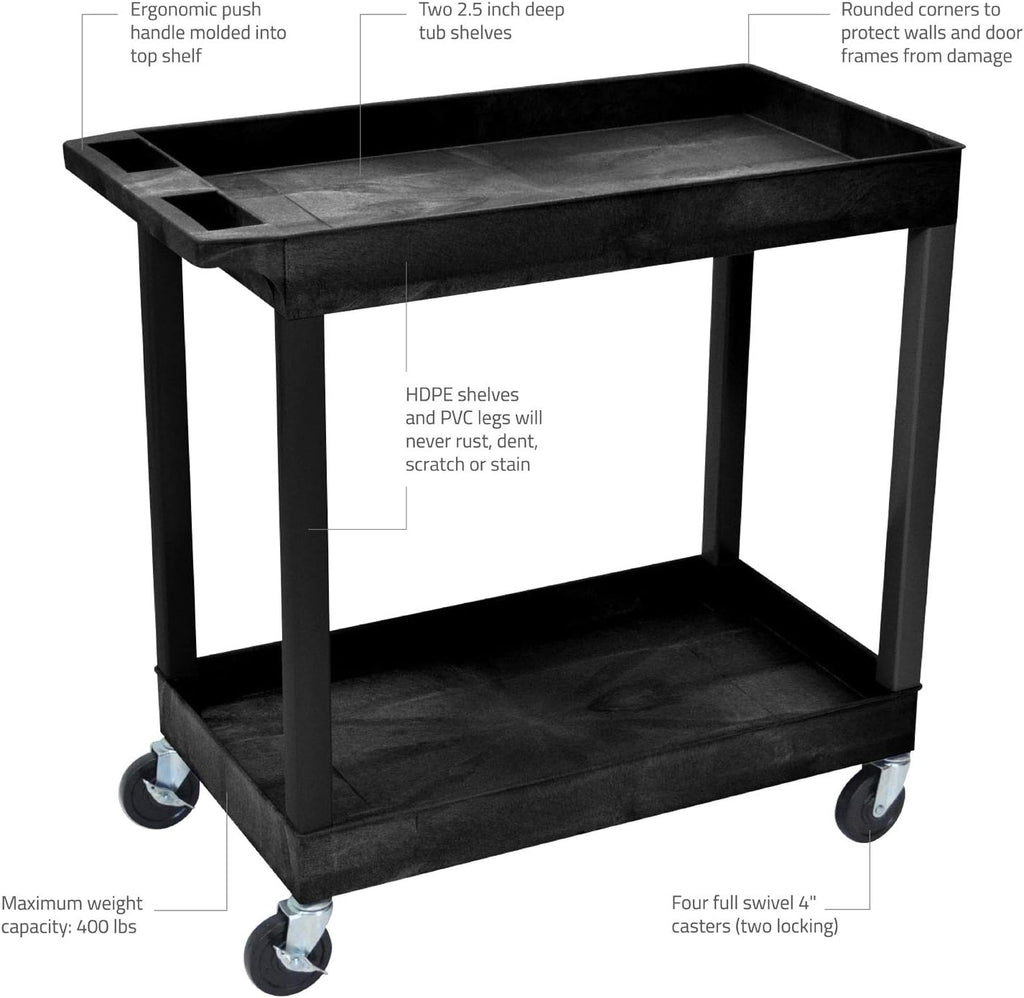 Black Mobile Utility Tub Cart with 2 Shelves and Push Handle V973