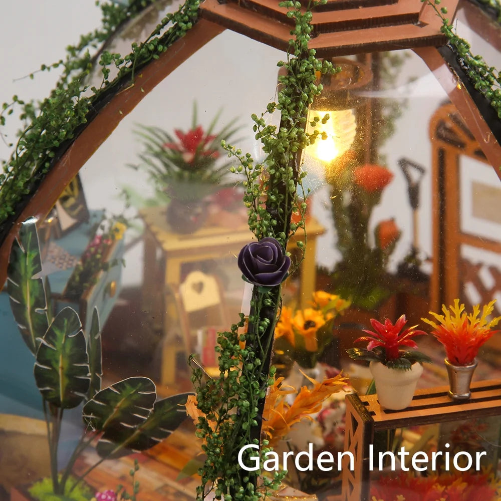 DIY Miniature Dollhouse Kit Wooden Flower Green House with LED Light W84936