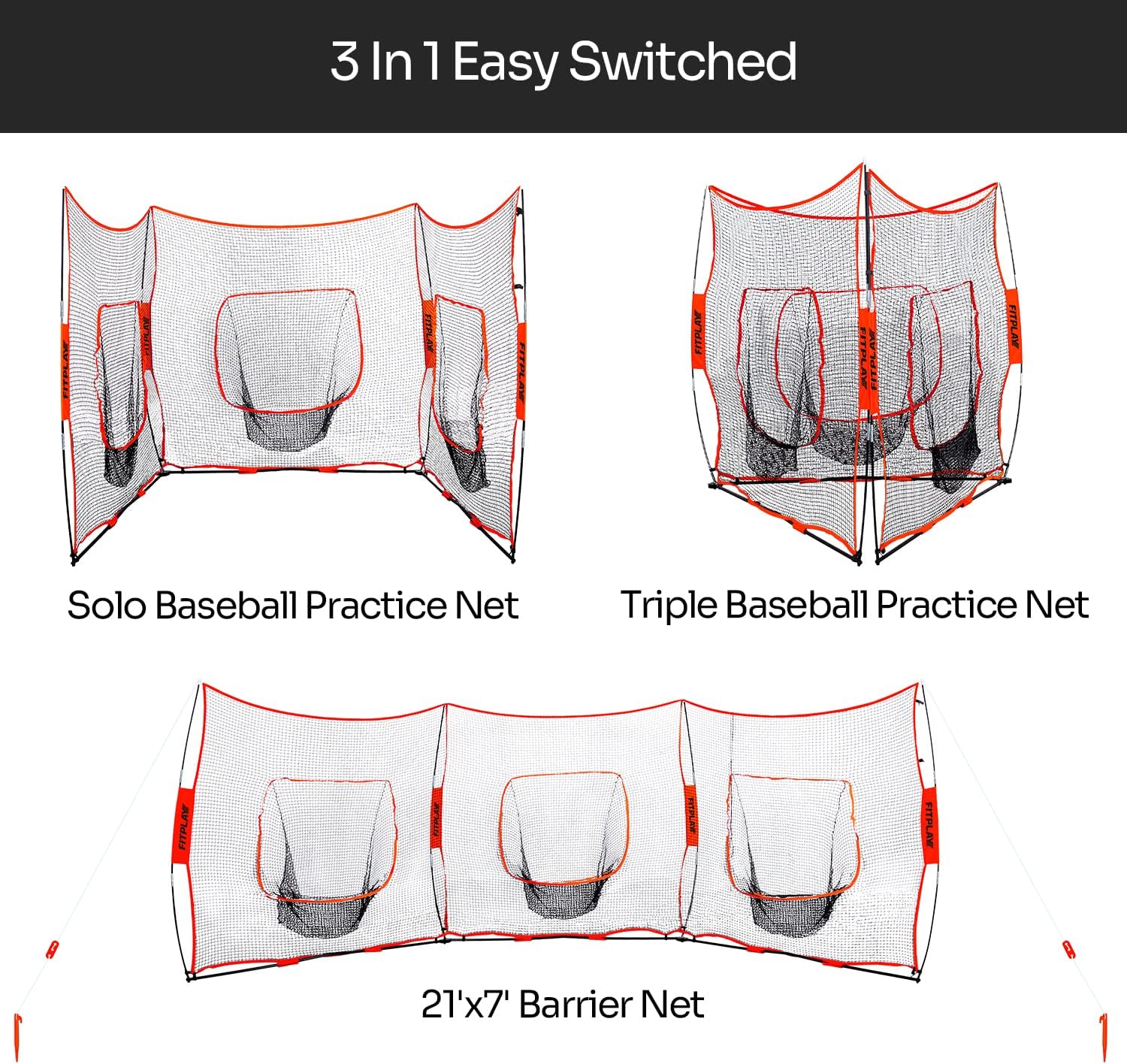 3 in 1 Baseball Softball Practice Net 7' x 7' Training Net F562