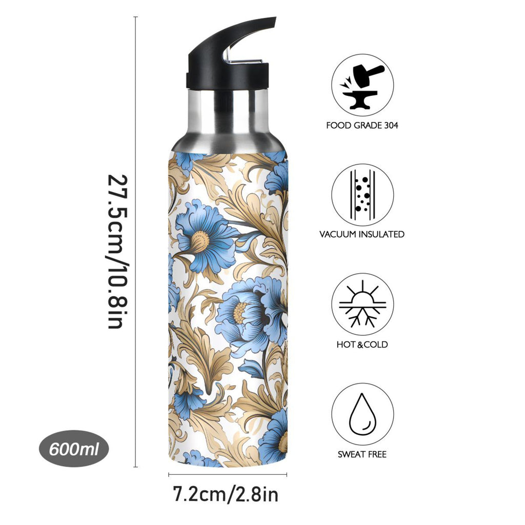 Blue Flowers Gold Leaves Stainless Steel Insulated Water Bottle V2687