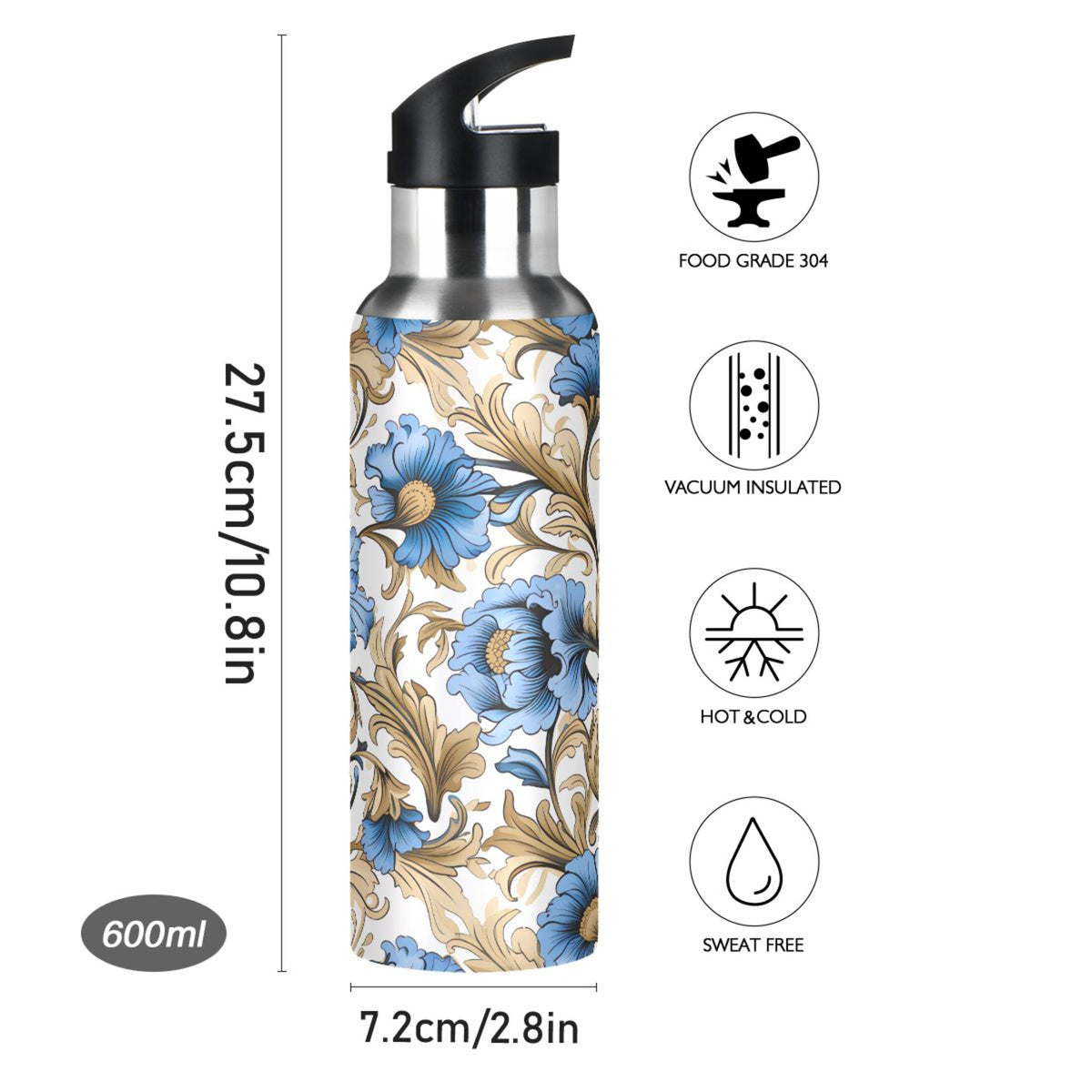 Blue Flowers Gold Leaves Stainless Steel Insulated Water Bottle V2687