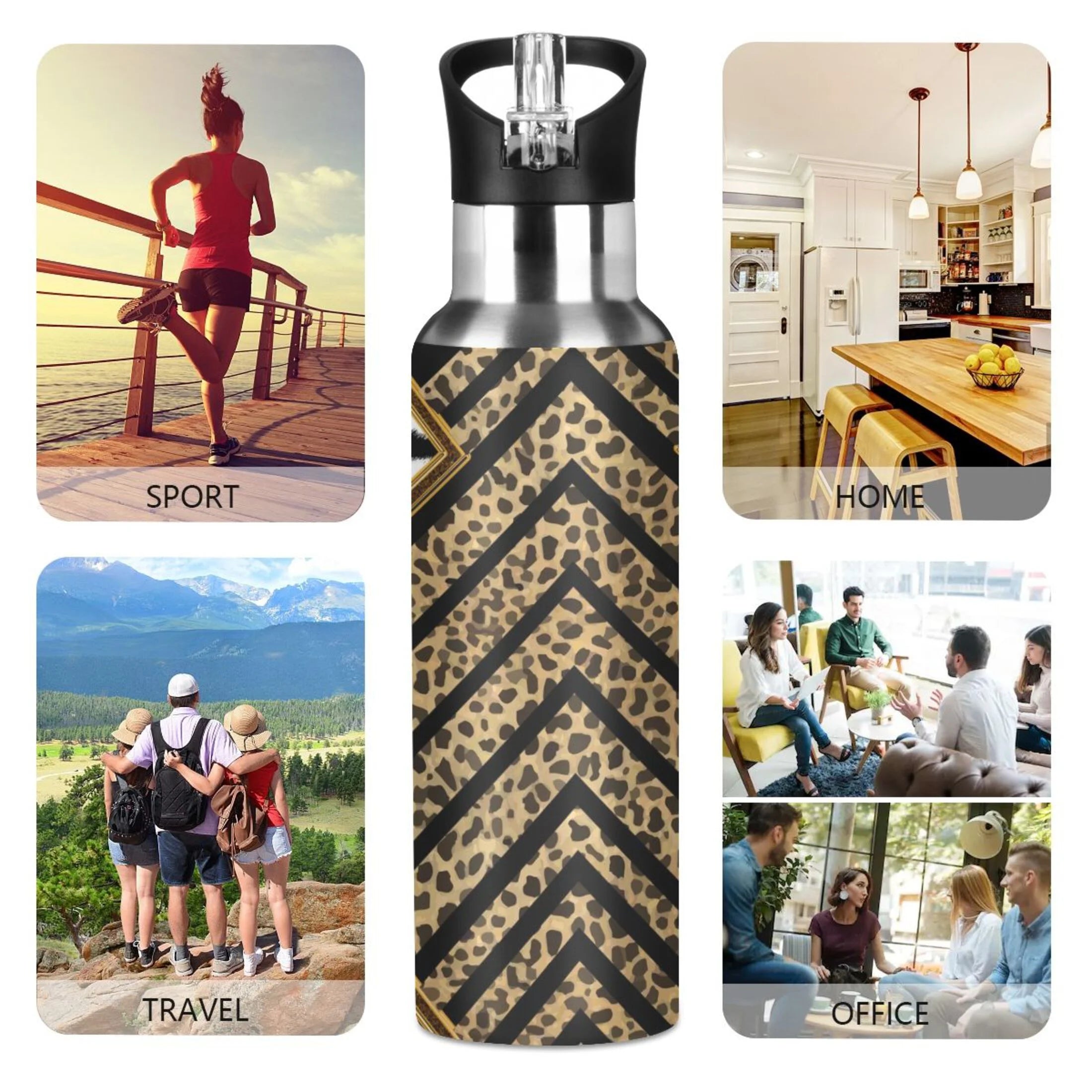 Black & White Stripe Stainless Steel Water Bottle with Straw Lid 20 OZ T379