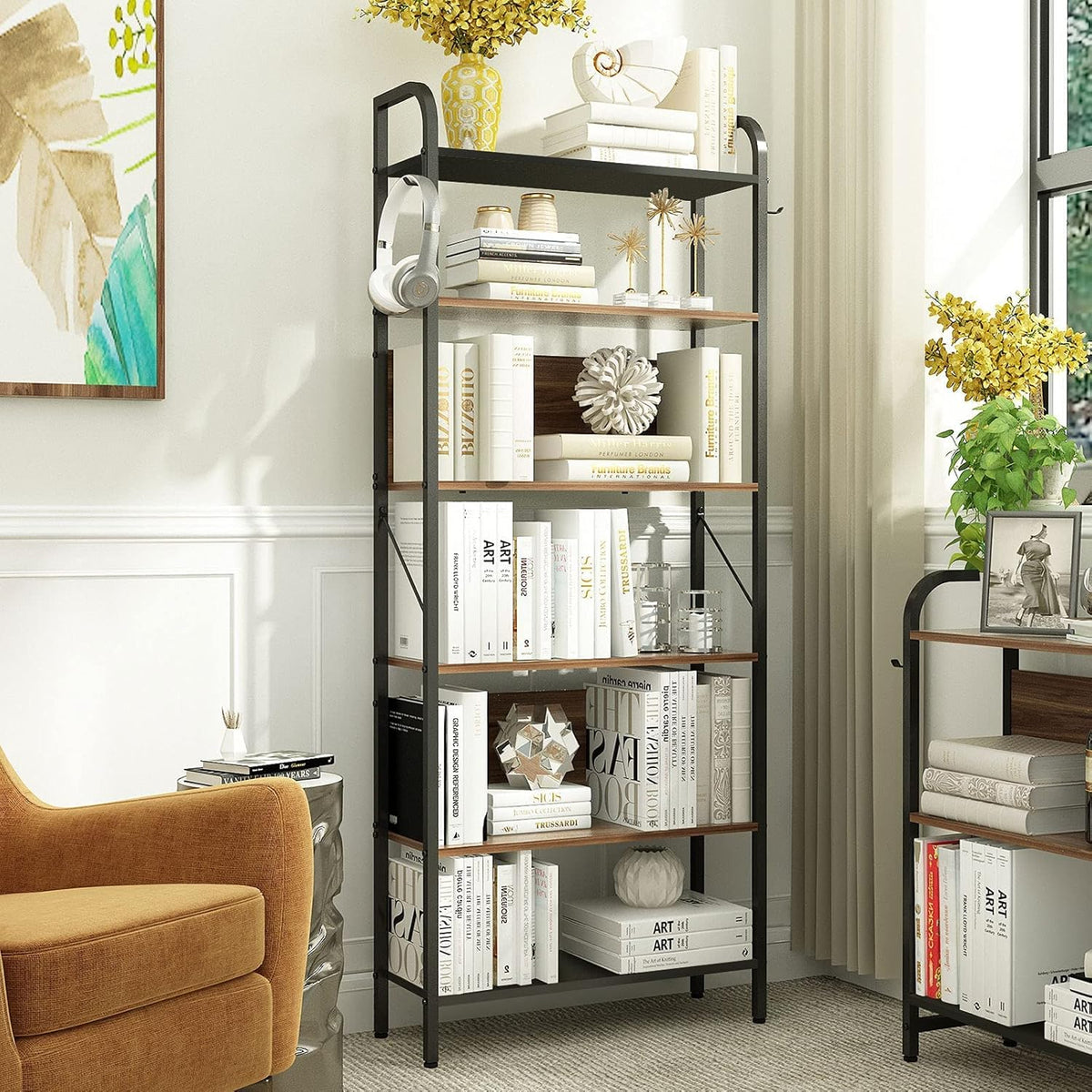 6 Tier Black and Walnut Wood and Metal Bookshelf Z519134