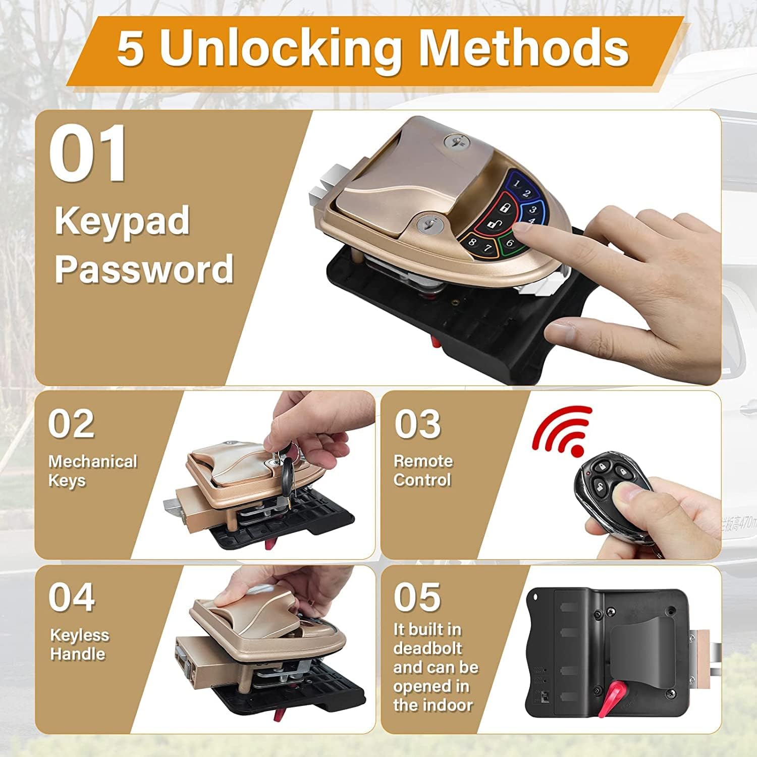 Waterproof Keyless RV Door Lock with Backlit Keypad and 2 Fobs and Key for 2.75 x 3.75 Lock Hole S4520