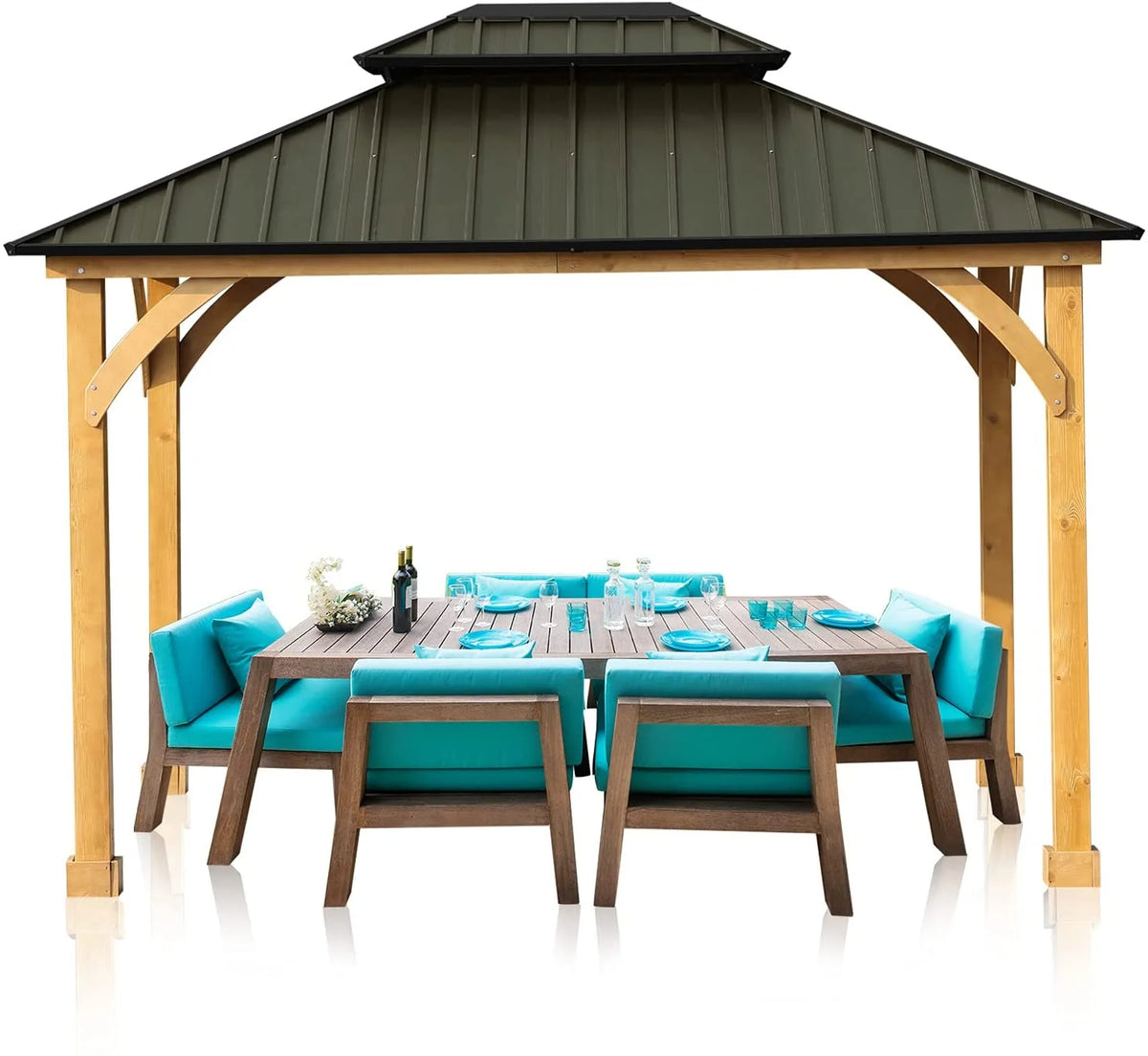 Green 10 x 12 ft. Solid Wooden Gazebo with Hardtop Roof S1987
