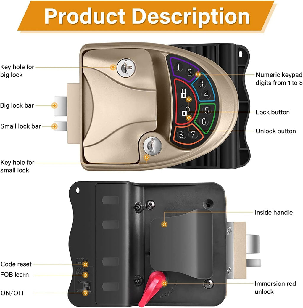 Waterproof Keyless RV Door Lock with Backlit Keypad and 2 Fobs and Key for 2.75 x 3.75 Lock Hole S4520