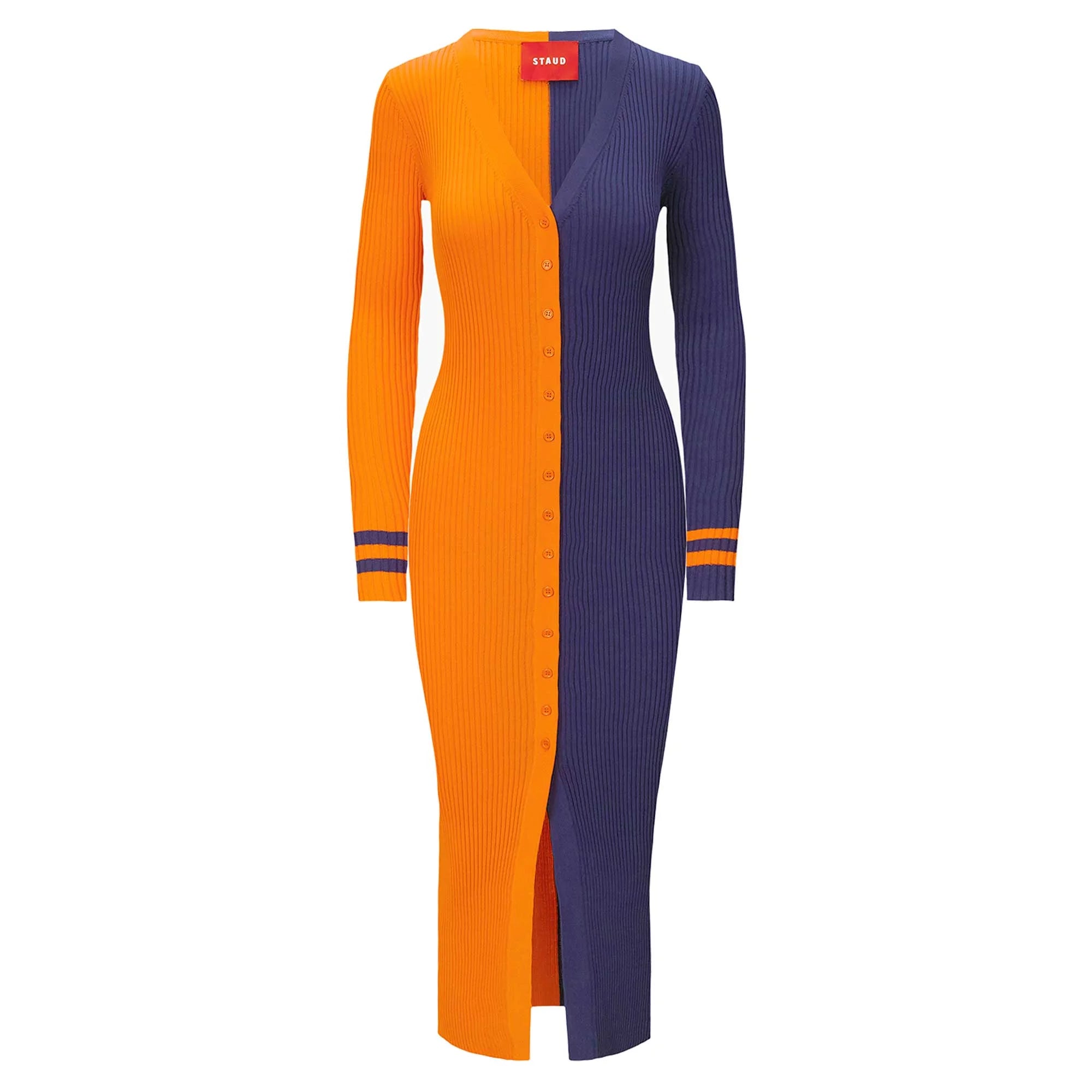 Orange/Navy Knit Button-Up Sweater Dress Z478