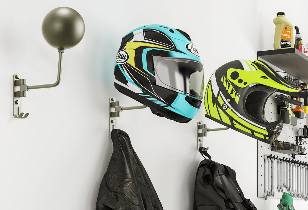 Grey Wall Mount Motorcycle Helmet Rack, 180 Degree Swivel, 2-Pack Z840